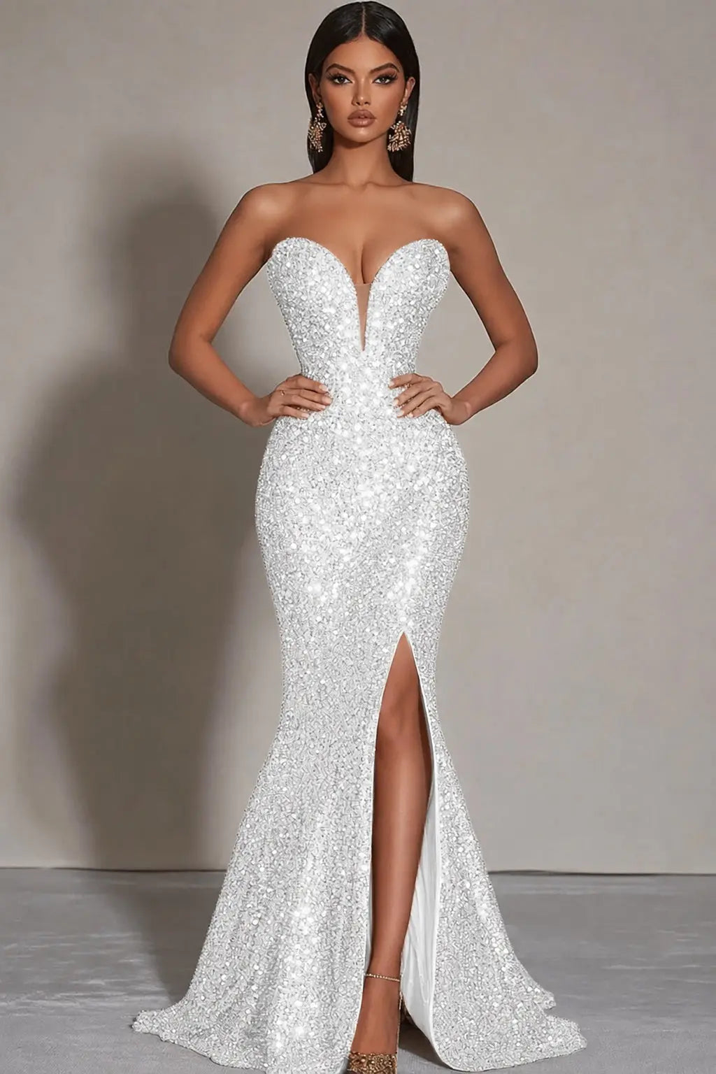 Sparkly Gold Sequins Mermaid Strapless Long Formal Dress with Slit Kaidress