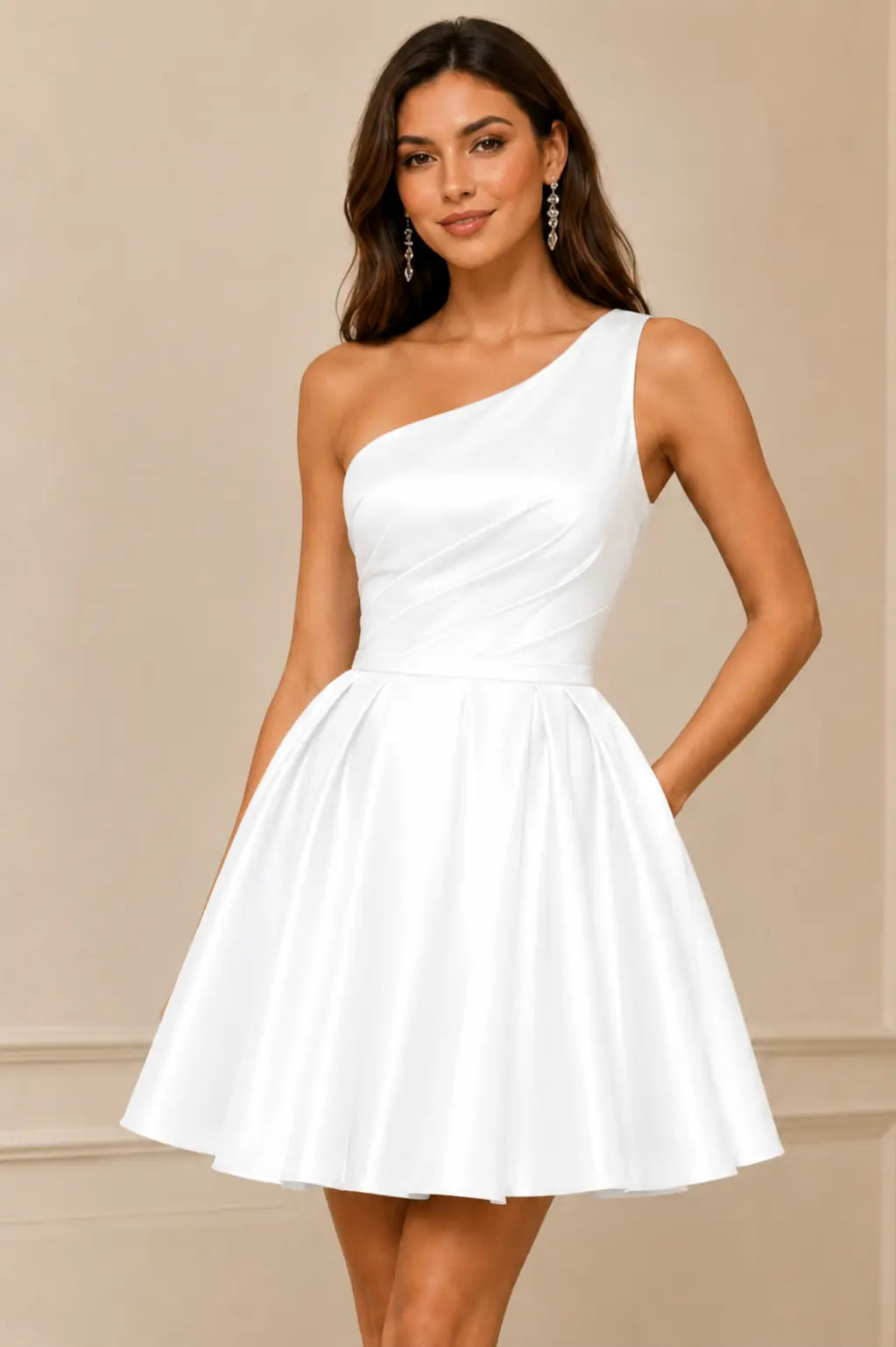 Green One Shoulder Satin Mini A Line Homecoming Dress With Pockets KAIDRESS