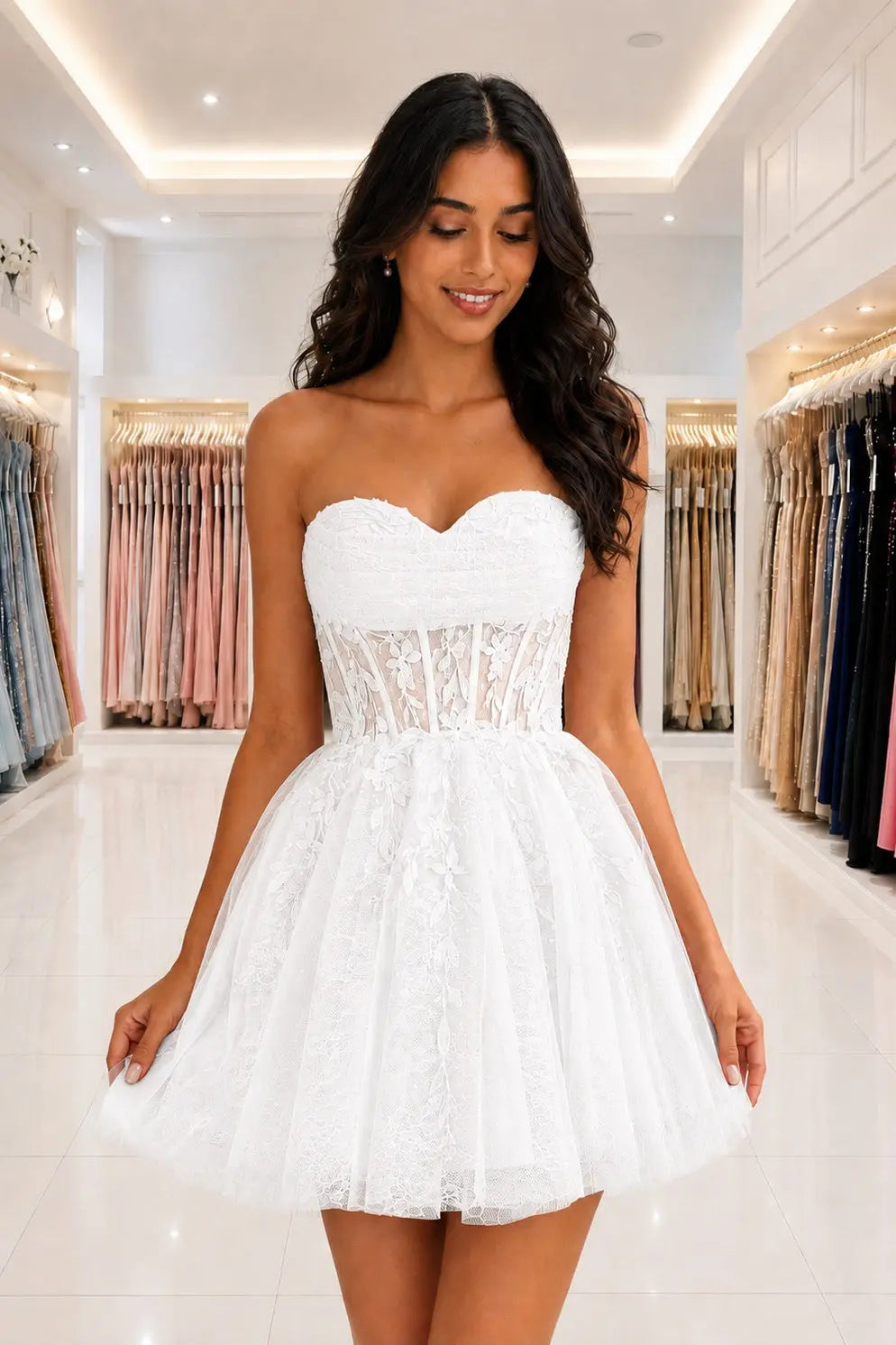 Strapless Beaded Lace Corset A-Line Mini Homecoming Dress KAIDRESS