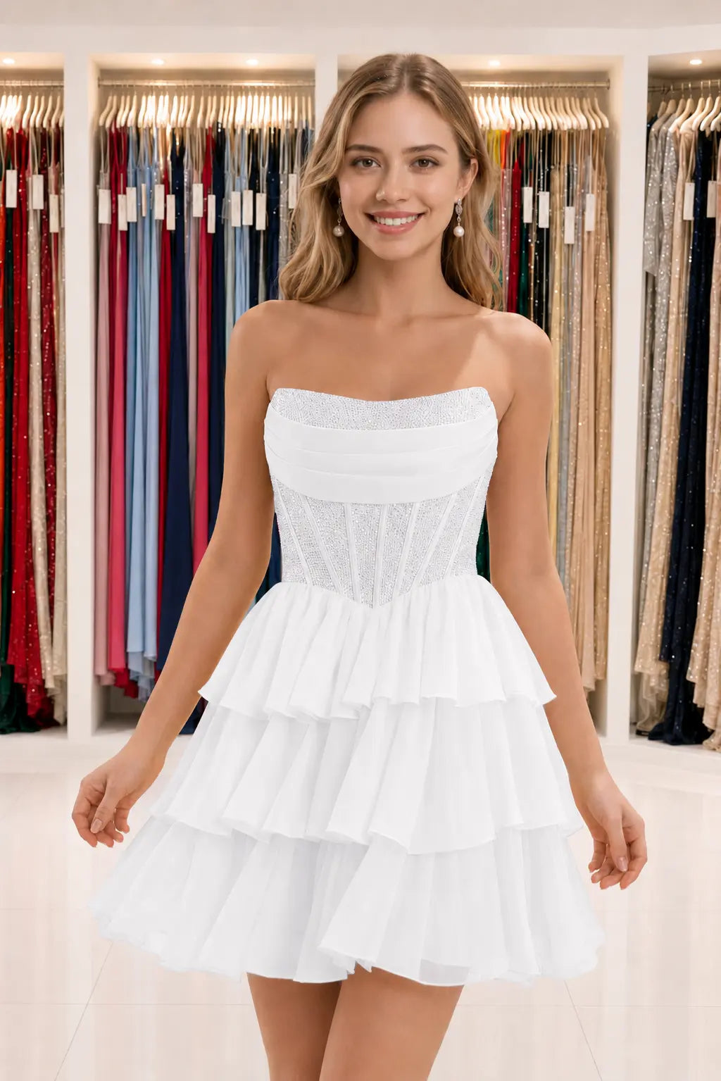 Daffodil Strapless Corset Tiered Ruffle Mini Homecoming Dress With Beading KAIDRESS