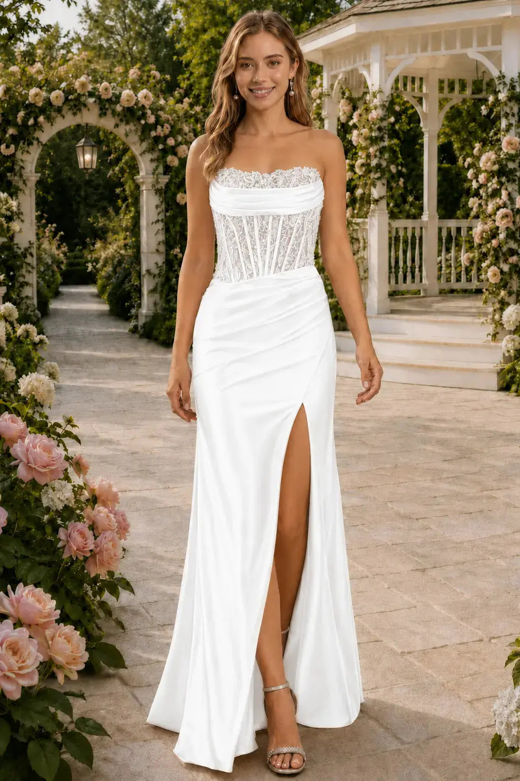 Sheath/Column Beaded Strapless Applique Formal Dress with Slit KAIDRESS