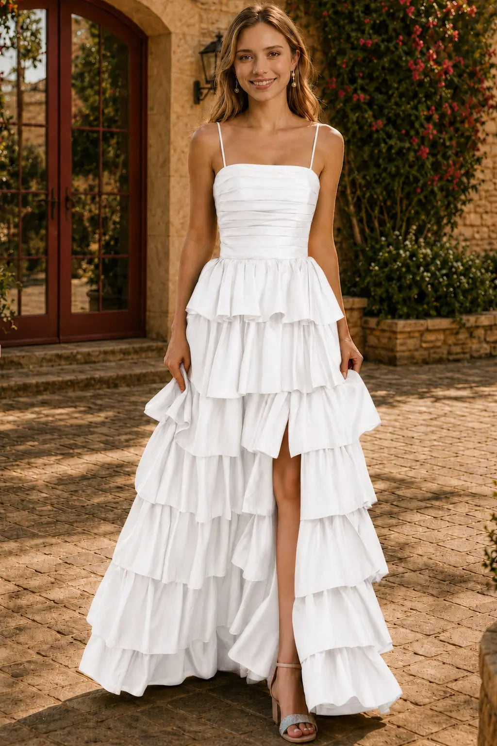 A-line Square Neckline Spaghetti Straps Floor-Length Taffeta Prom Dress with Ruffles Slit KAIDRESS