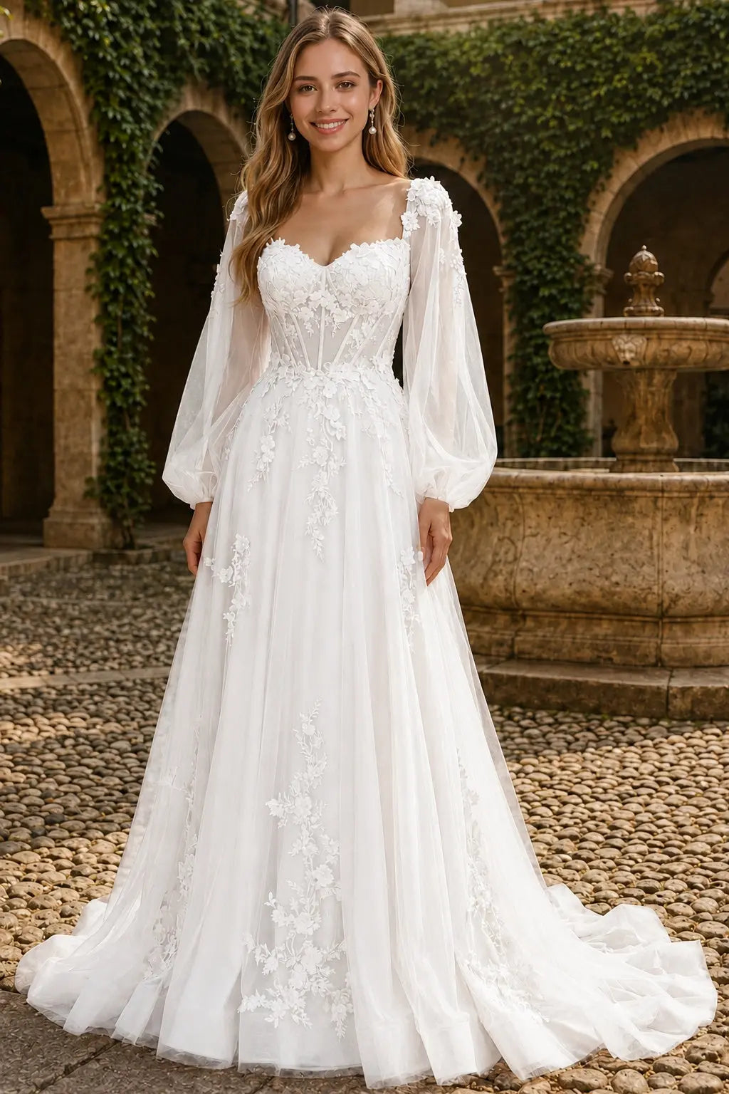 A-line 3D Floral Lace Applique Tulle Long Sleeves Prom Dress