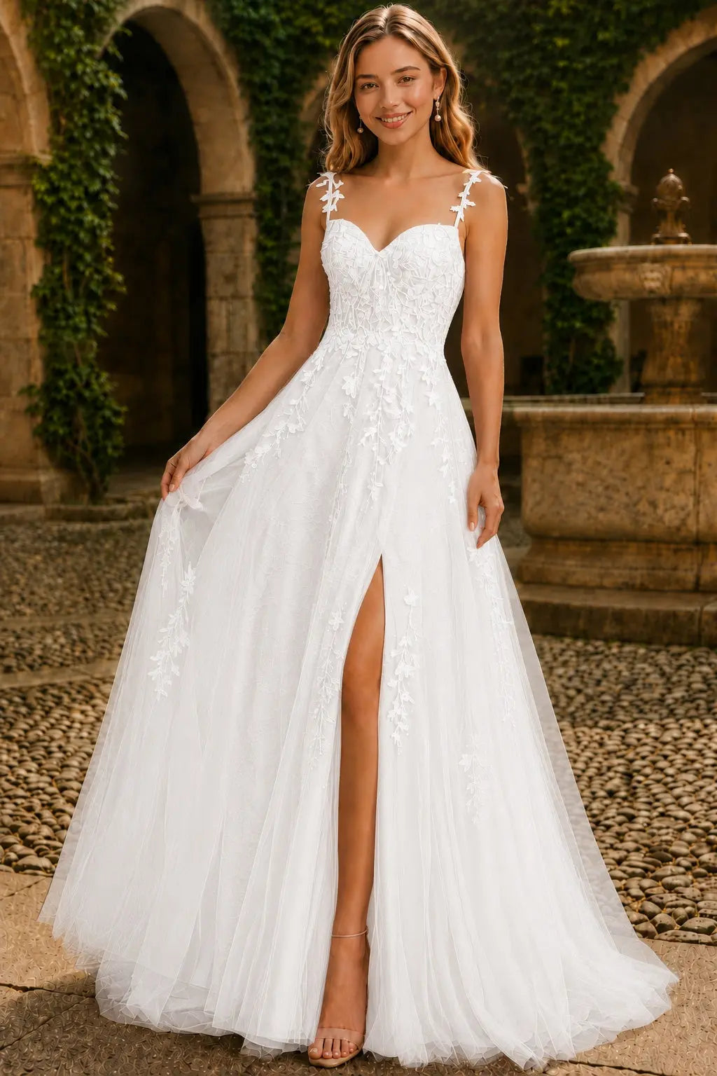 A-line V Neck Sweep Spaghetti Straps Train Tulle Prom Dress with Appliqued Beading