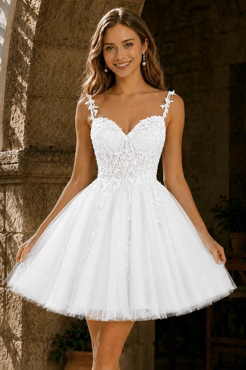 A-line V Neck Short/Mini Tulle Lace Homecoming Dress