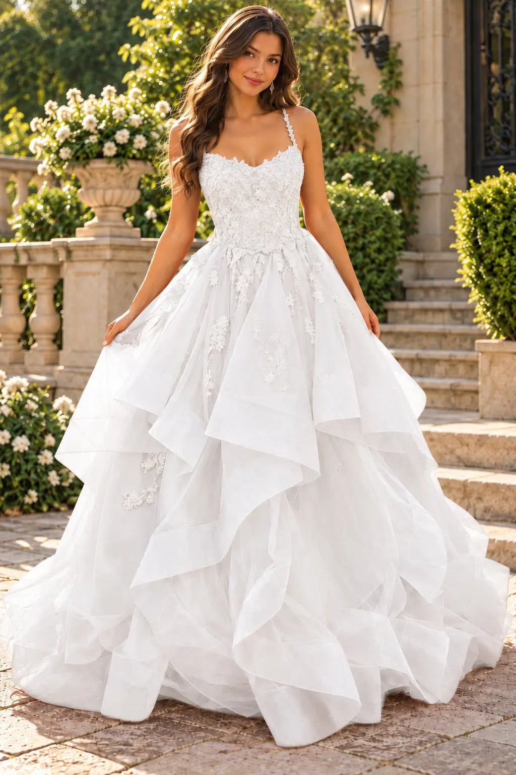 A-line Princess V Neck Floor-Length Tulle Prom Dresses with Appliqued