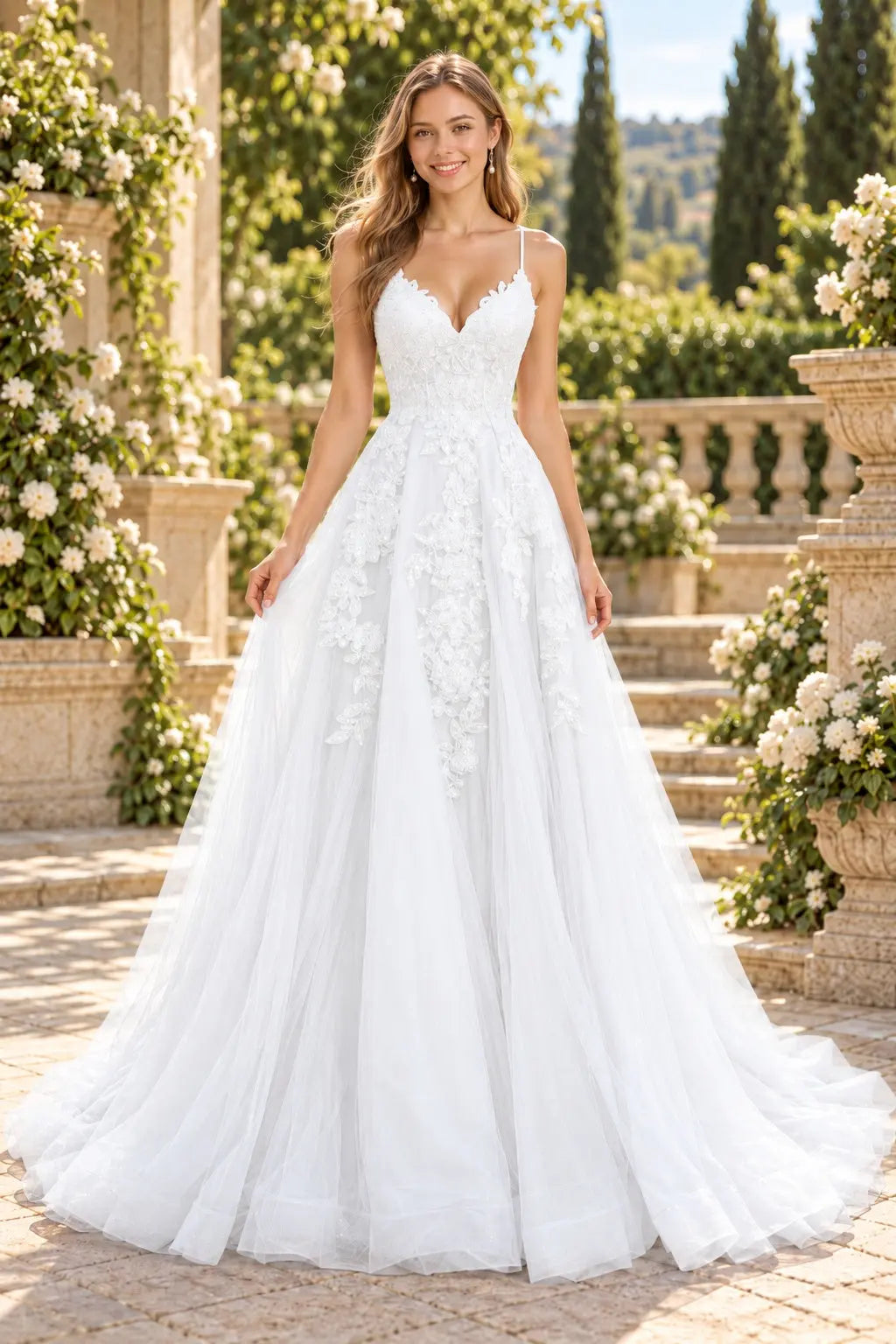 A-line V Neck Spaghetti Straps Sweep Train Tulle Prom Dress With Appliqued