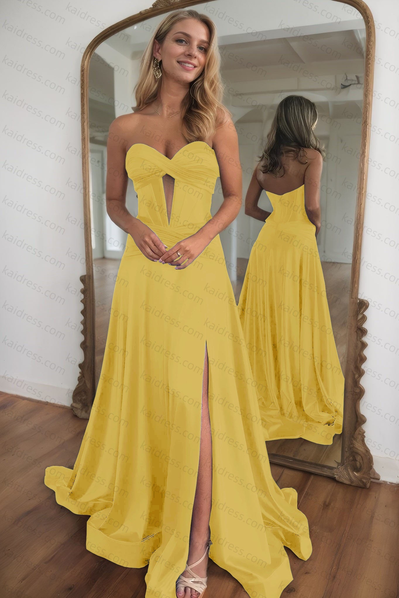 A-line Strapless Silk Long Blue Prom Dresses Elegant Evening Dress