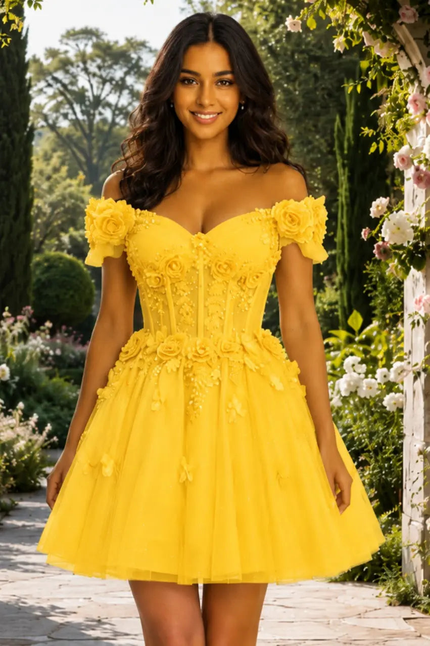 A-line Off-the-Shoulder Tulle Short/Mini Homecoming Dress with Appliqued Flowers Sequins KAIDRESS