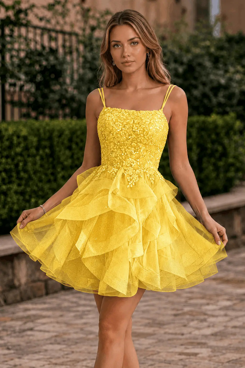 Tulle Ball Gown Homecoming Dress Square Neck Beaded Hoco Mini KAIDRESS