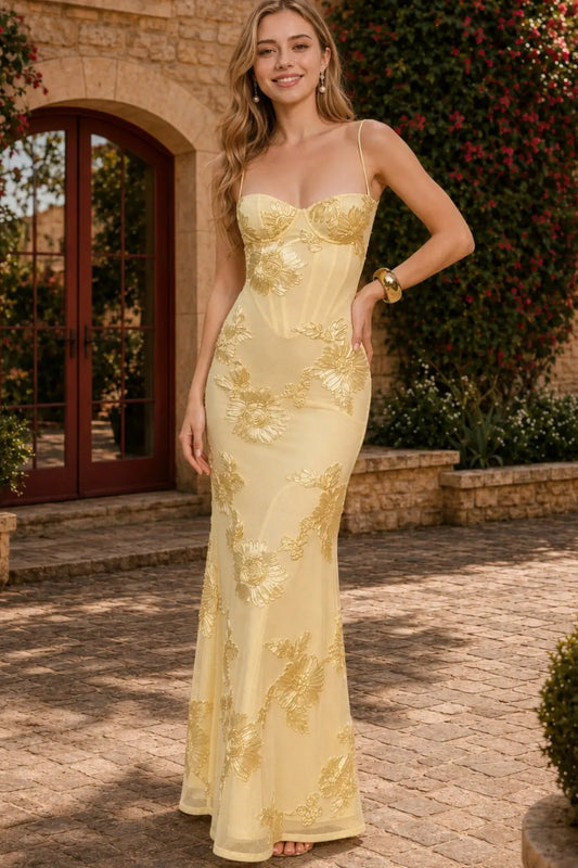 Yellow Floral Embroidered Prom Dress Spaghetti Strap Lace-Up Gown