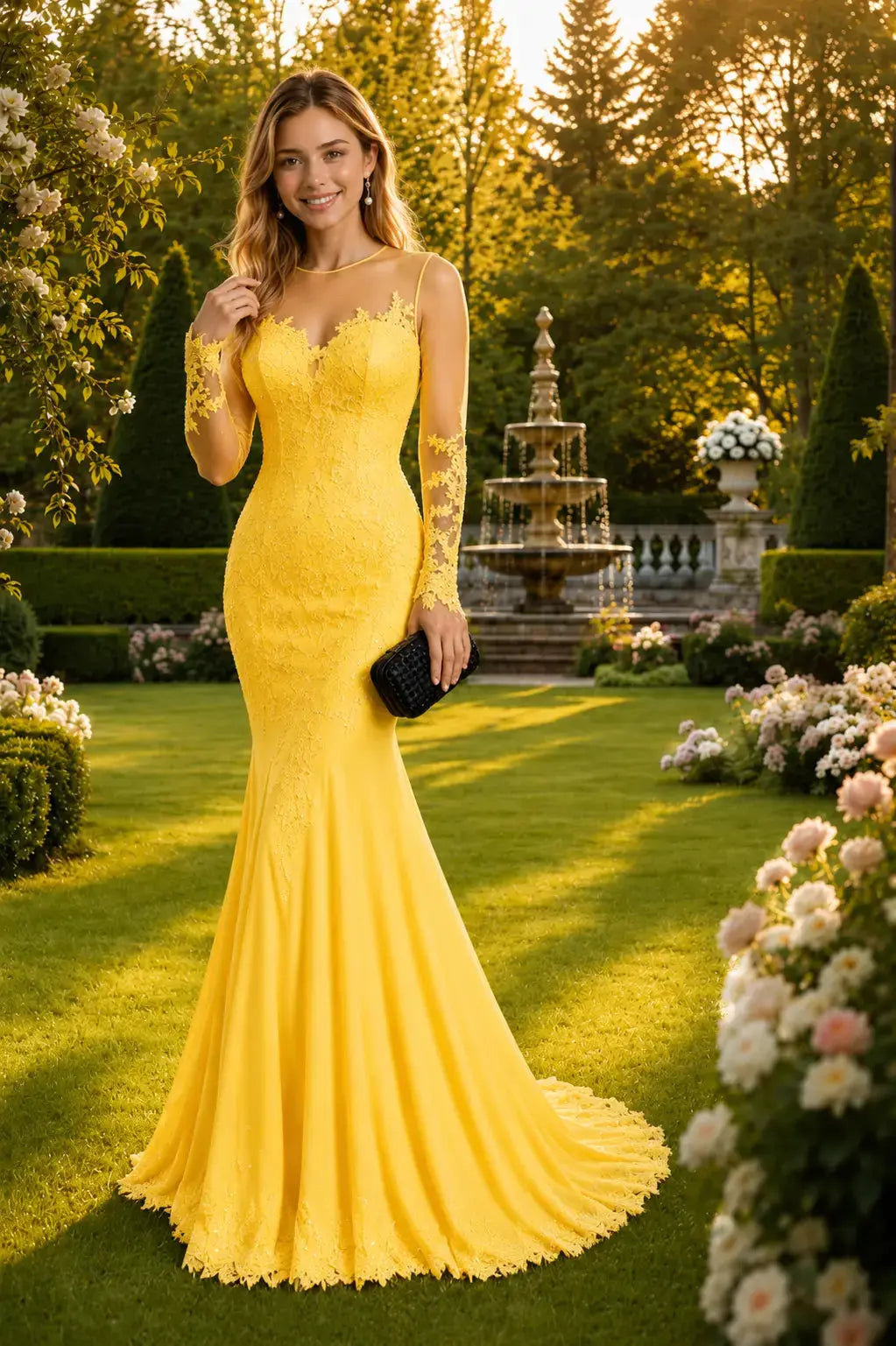 Trumpet/Mermaid Long Sleeves Sheer Neck Sweep/Brush Train Applique Prom Dresses KAIDRESS