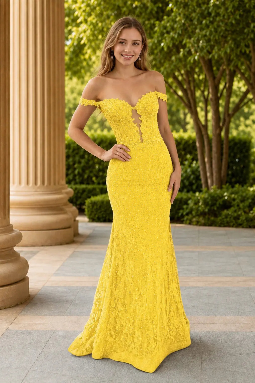 Mermaid Off the Shoulder Navy Lace Prom Dresses Long Evening Dresses KAIDRESS