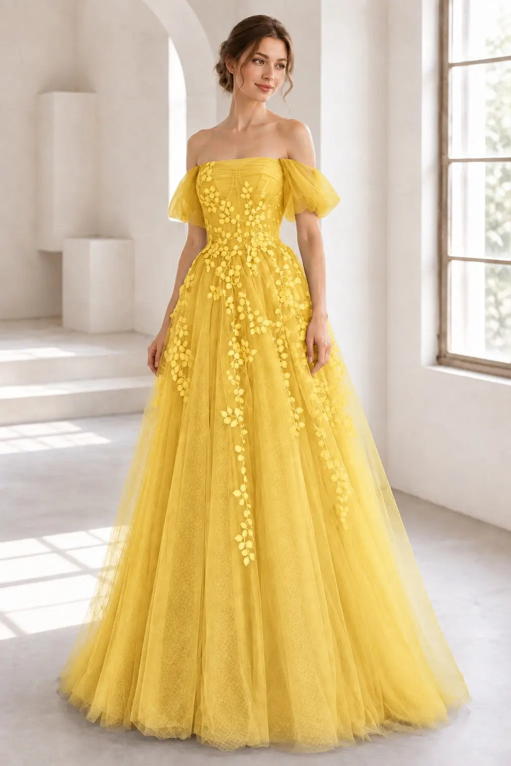 A-Line Tulle Lace Long Prom Dress Off the Shoulder Formal Evening Dress
