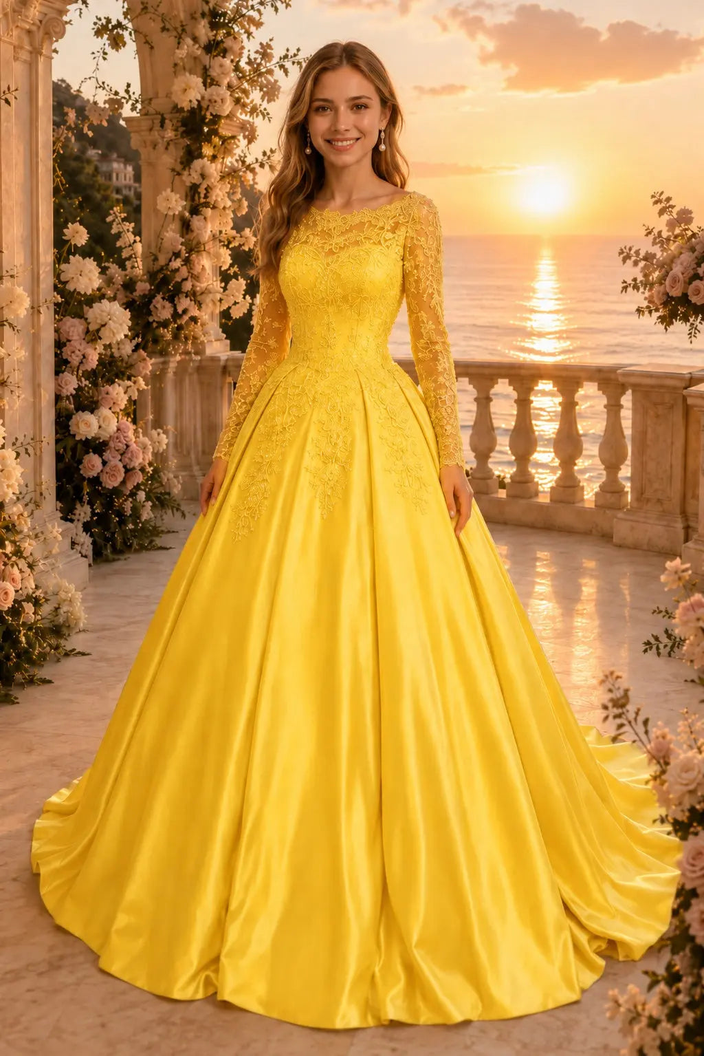 Ball Gown Long Sleeves Off-the-Shoulder Chapel Train Applique Satin Prom Dresses Kaidress