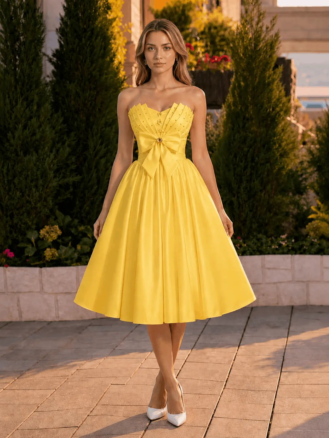 A-line Sweetheart Sleeveless Knee-Length Satin Homecoming Dress with Bow KAIDRESS
