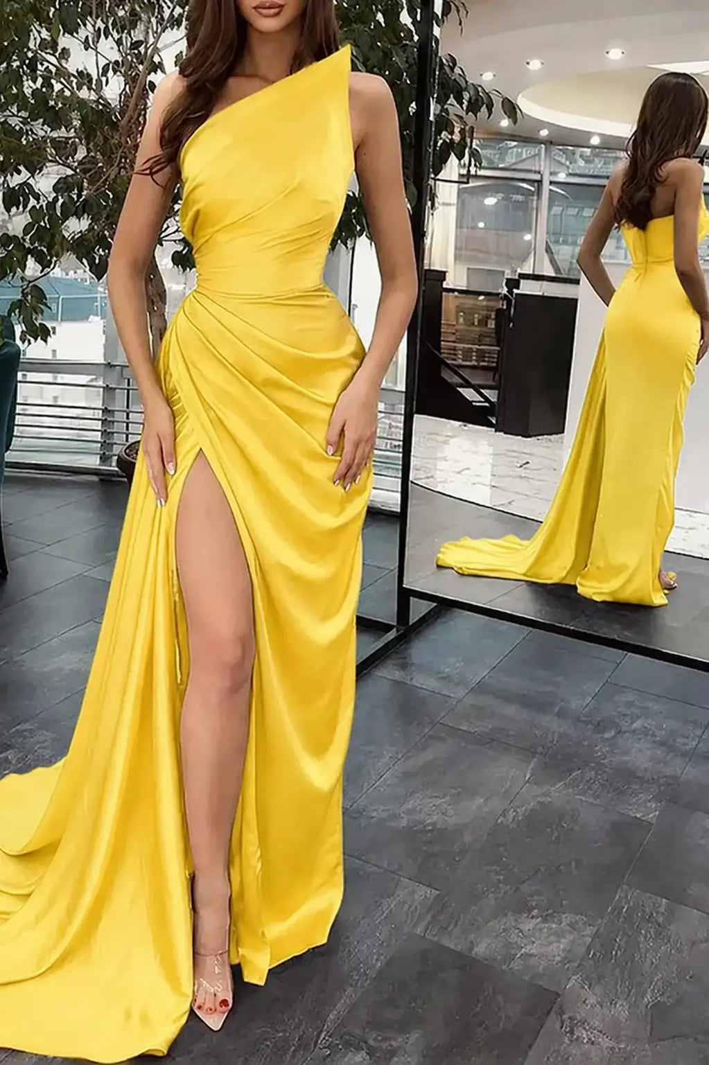 Trumpet/Mermaid Sleeveless Court Train Silk like Satin Prom Dresses with Ruffles Split KAIDRESS