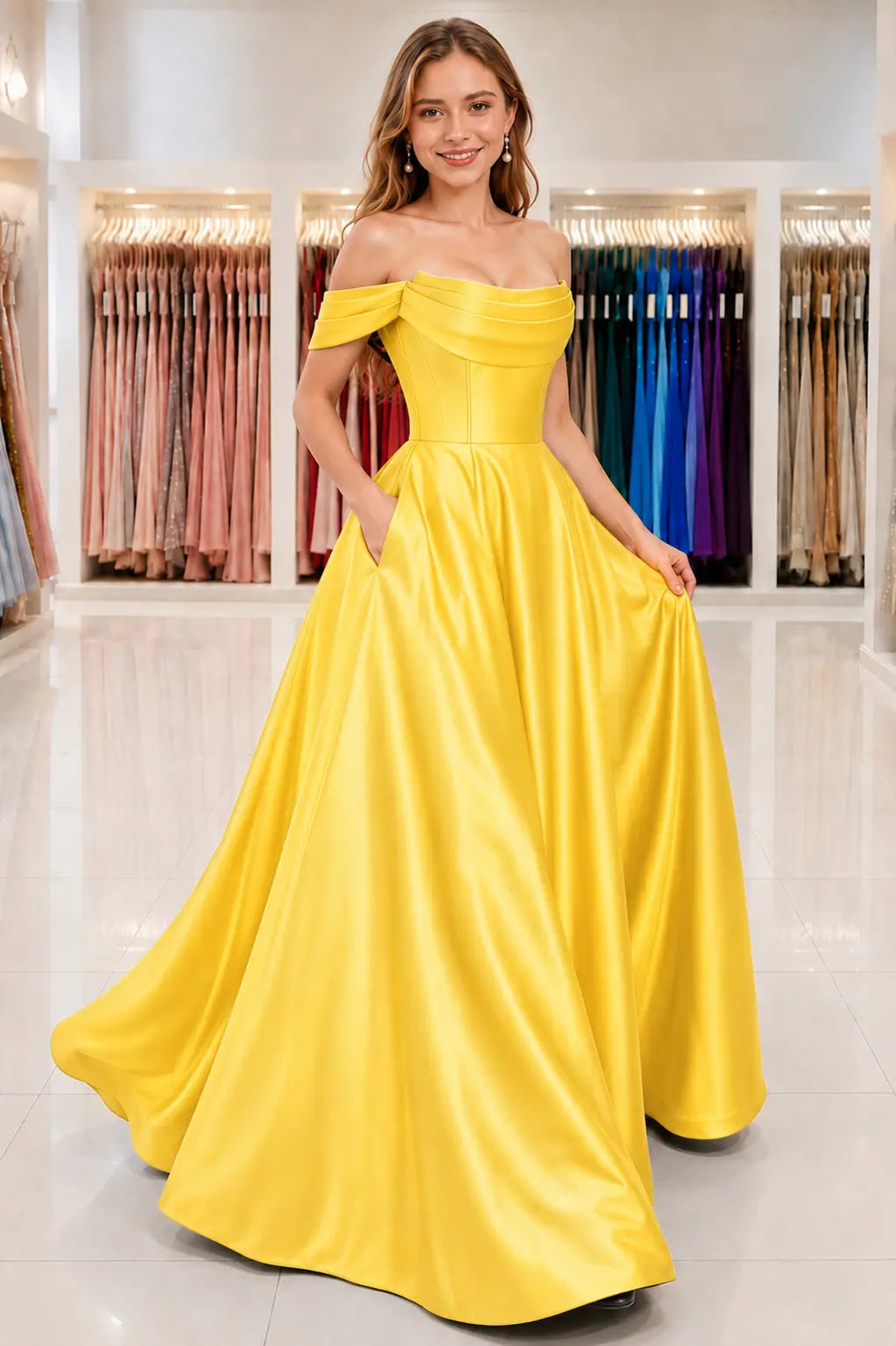 A-Line Satin Long Prom Dress, Simple Off the Shoulder Evening Party Dress With Pockets KAIDRESS