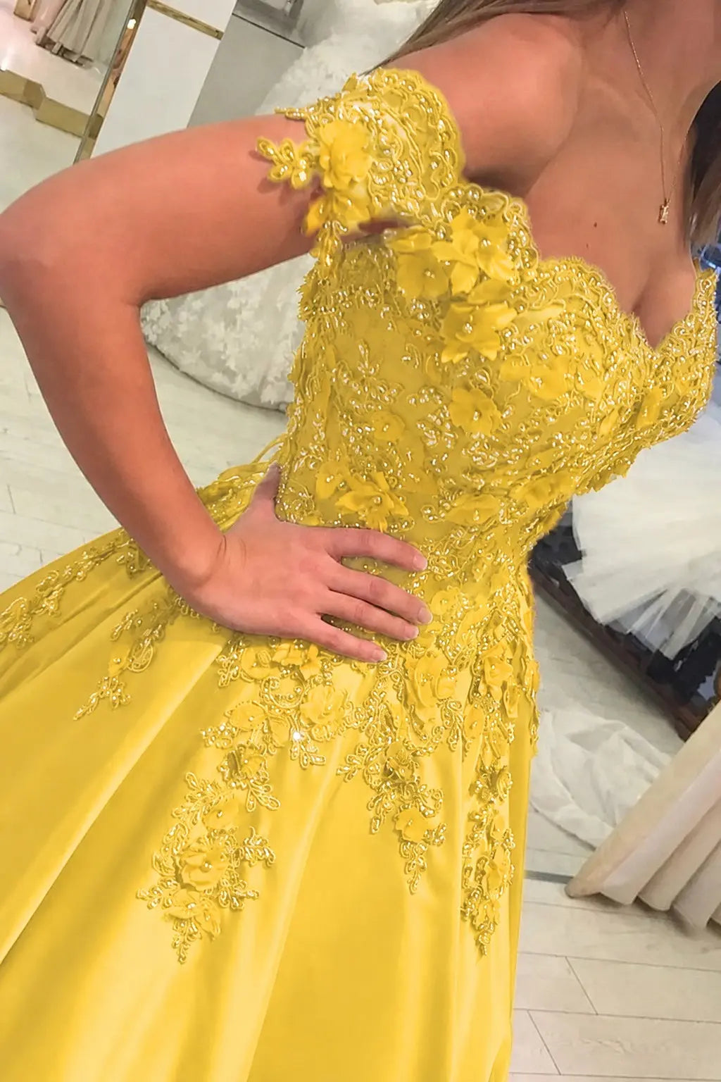 Appliqued Off-The-Shoulder Satin Princess Prom Dress With Beads