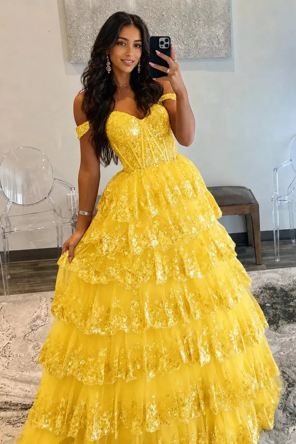 A-Line/Princess Princess Off the Shoulder Sequined Lace Prom Dress KAIDRESS