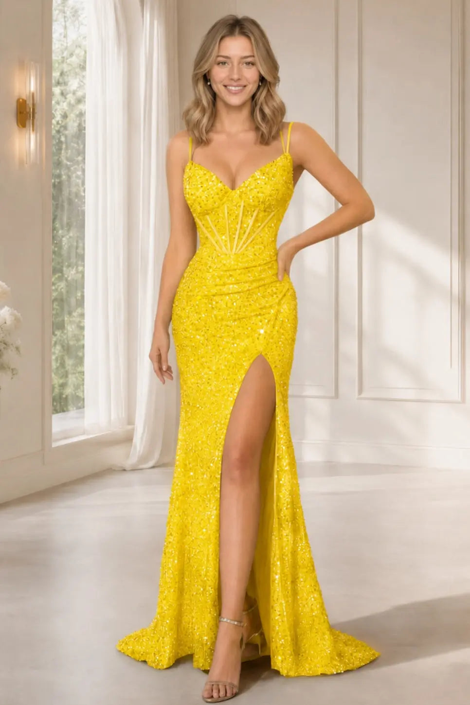 Mermaid Sequin Halter Formal Long Corset Sparkly Sleeveless Prom Dresses KAIDRESS