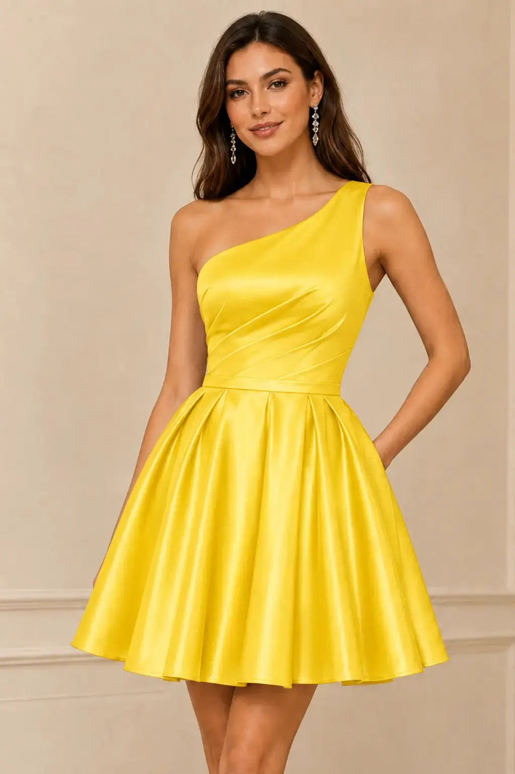 Green One Shoulder Satin Mini A Line Homecoming Dress With Pockets KAIDRESS