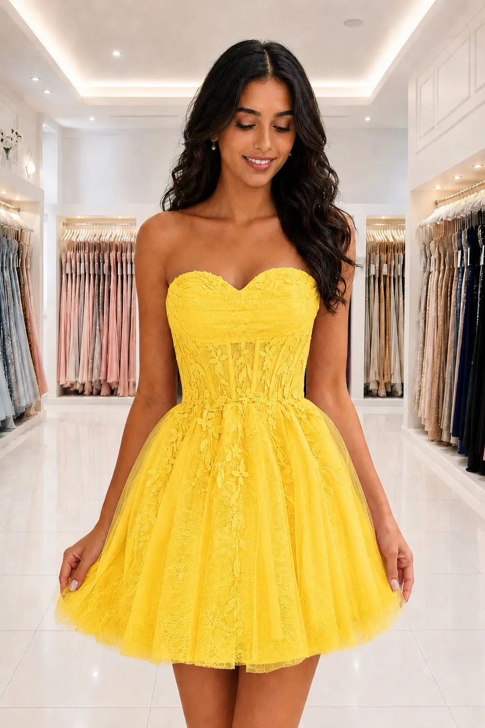 Strapless Beaded Lace Corset A-Line Mini Homecoming Dress KAIDRESS