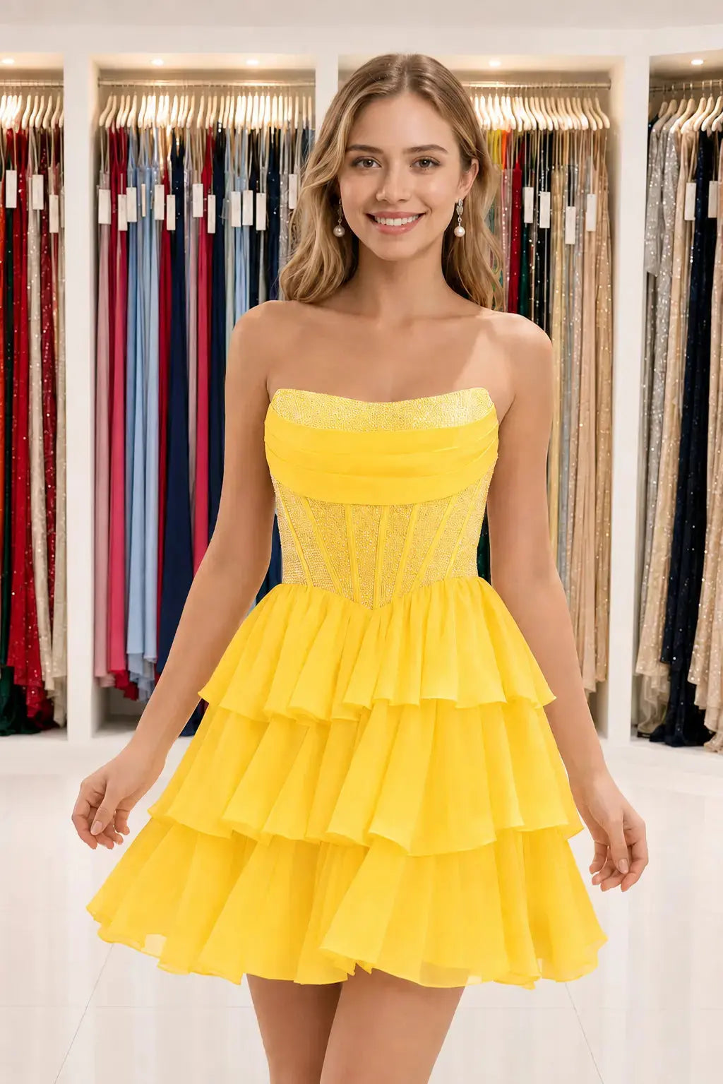 Daffodil Strapless Corset Tiered Ruffle Mini Homecoming Dress With Beading KAIDRESS