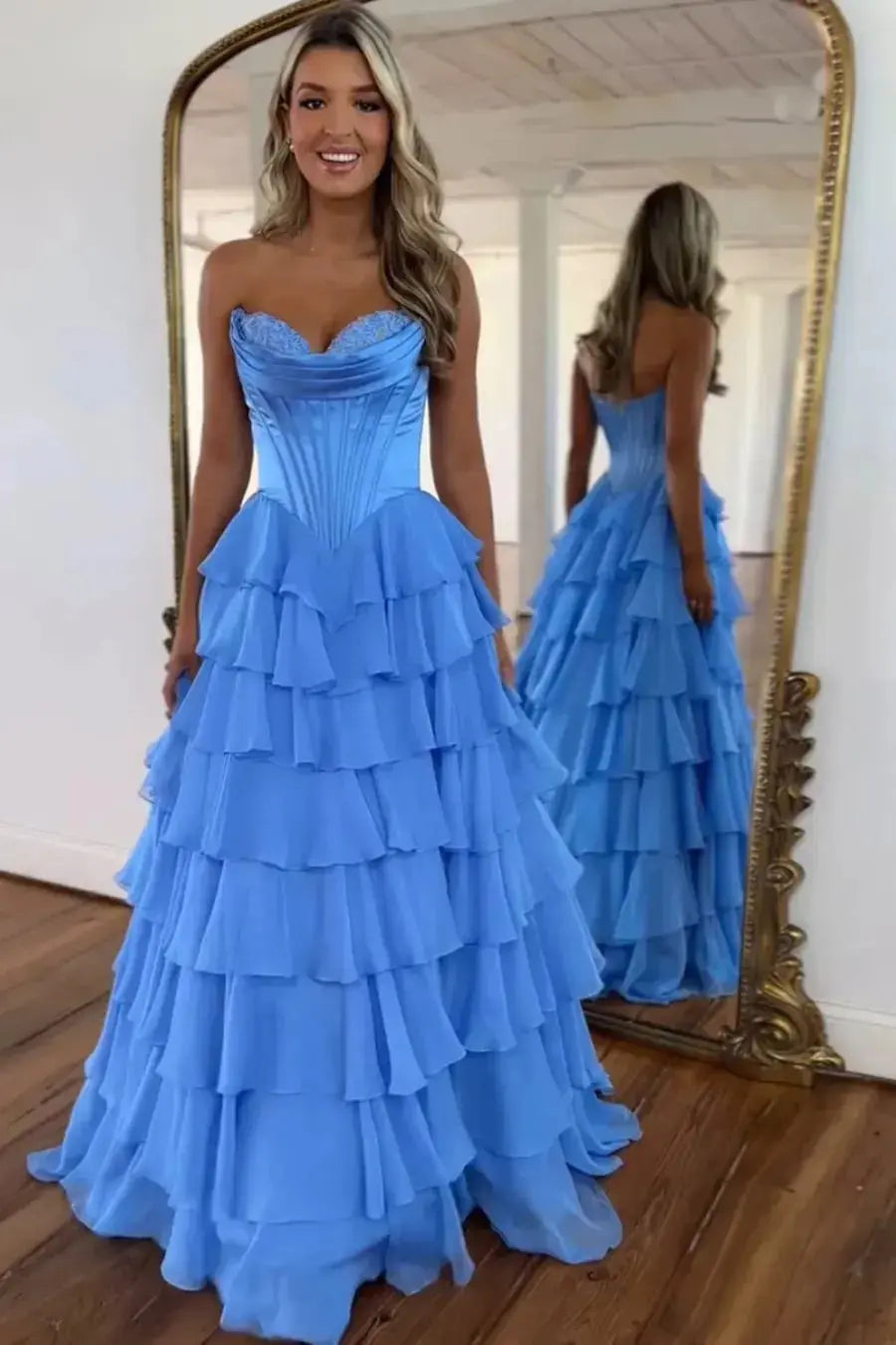 A Line Blue Sweetheart Chiffon Ruffled Long Corset Prom Dress with Slit - KAIDRESS