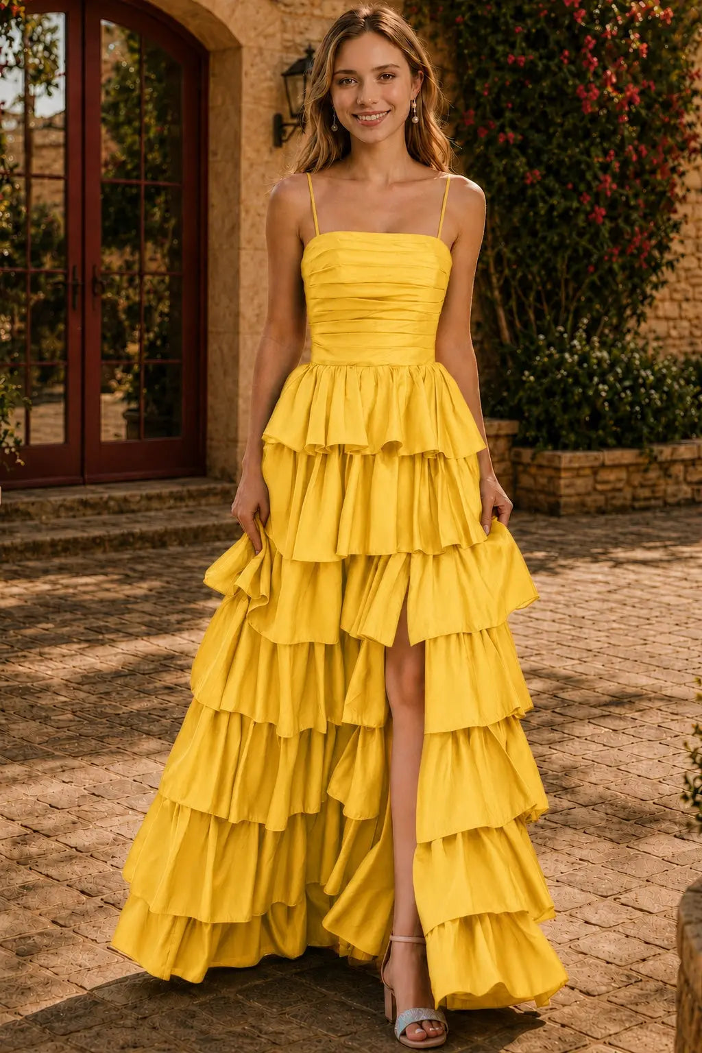 A-line Square Neckline Spaghetti Straps Floor-Length Taffeta Prom Dress with Ruffles Slit KAIDRESS