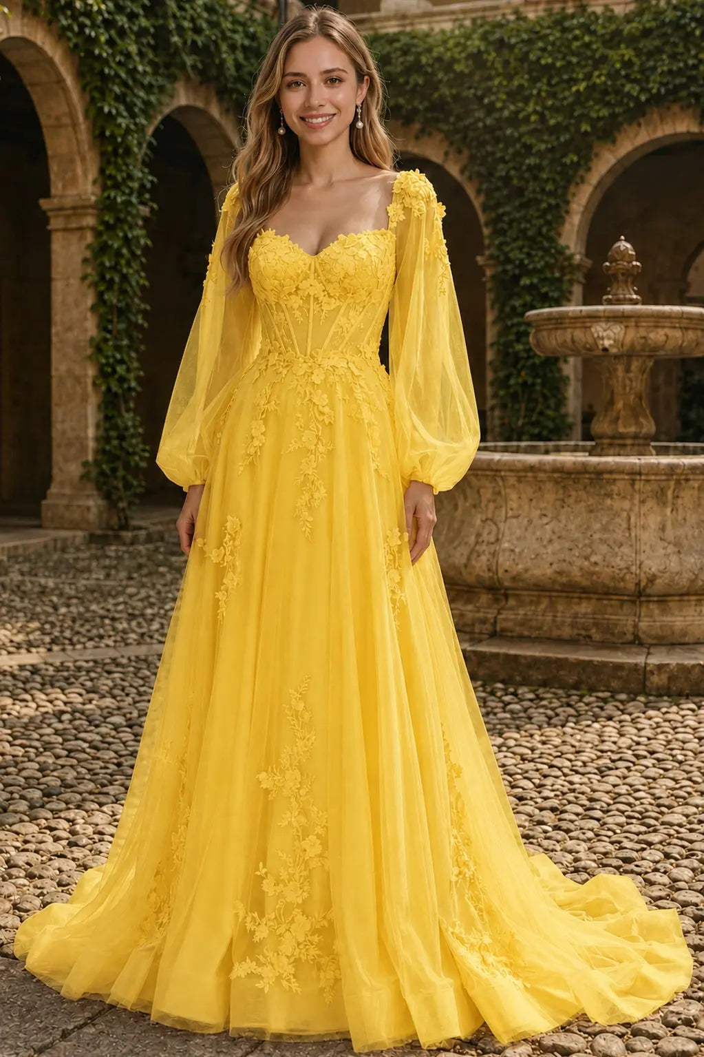 A-line 3D Floral Lace Applique Tulle Long Sleeves Prom Dress