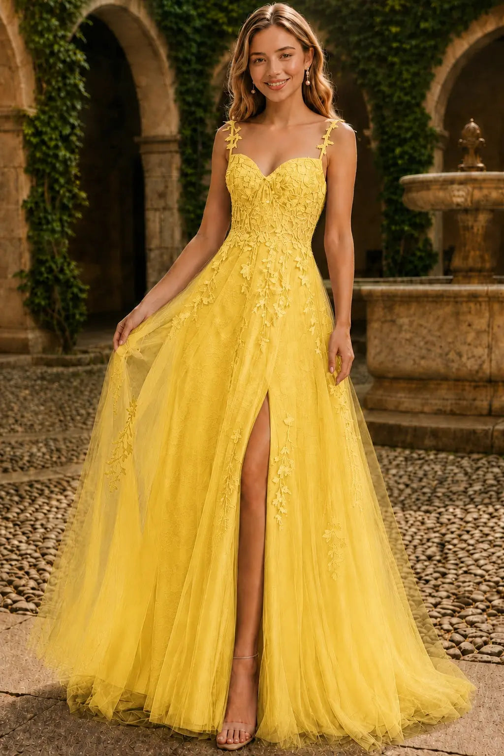 A-line V Neck Sweep Spaghetti Straps Train Tulle Prom Dress with Appliqued Beading