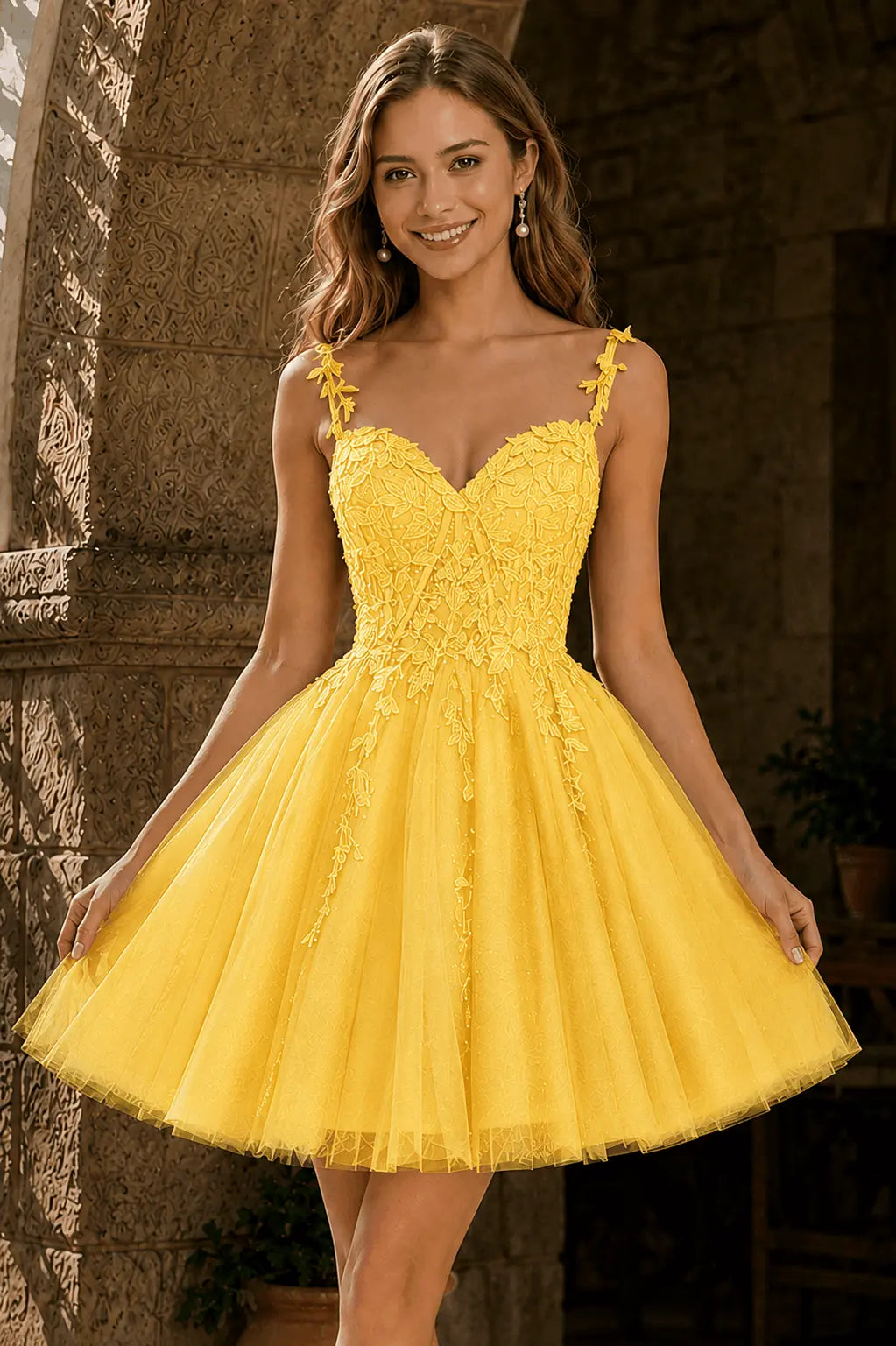 A-line V Neck Short/Mini Tulle Lace Homecoming Dress