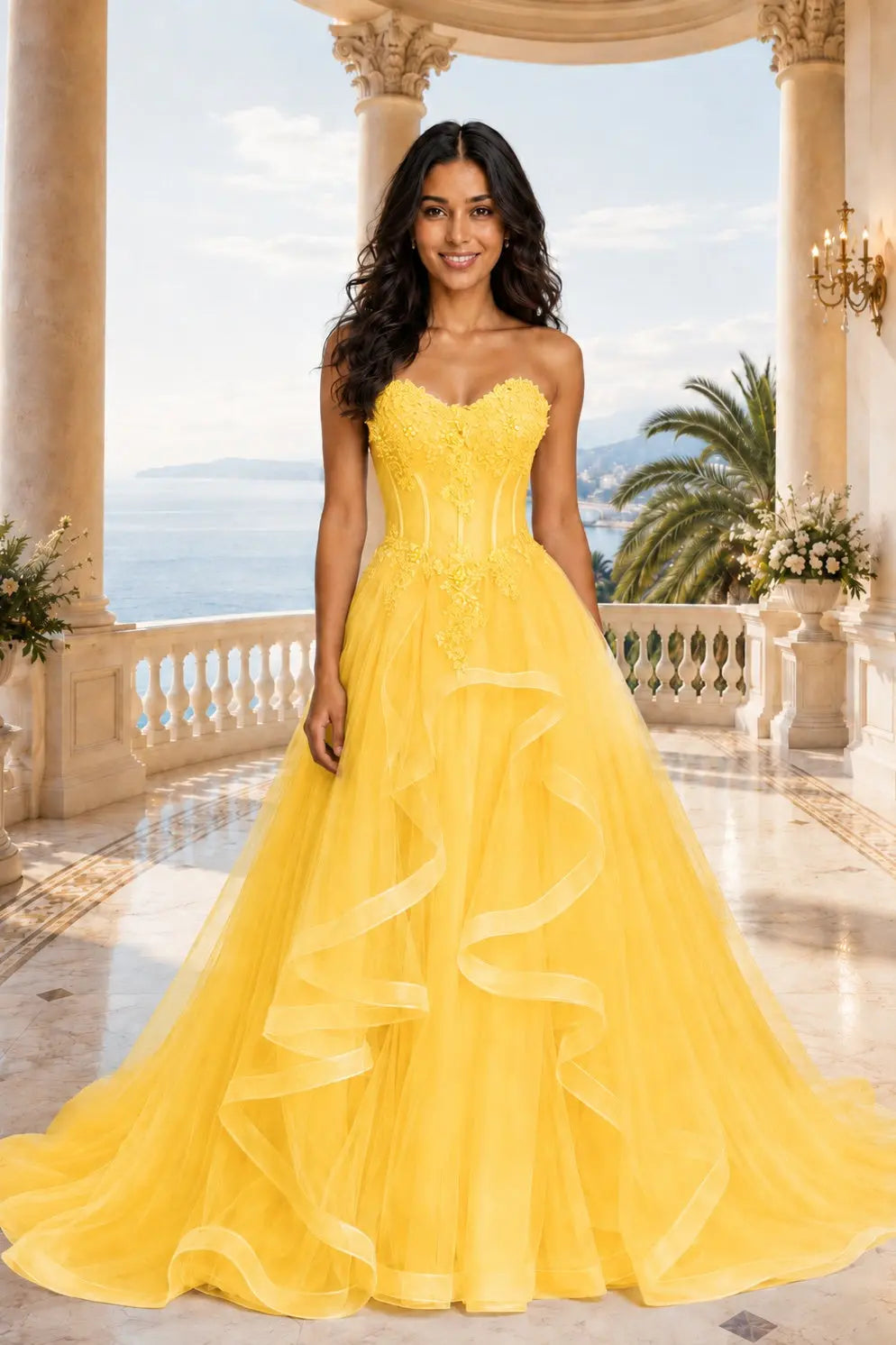 A-line/Princess Sweetheart Sleeveless Sweep Train Tulle Prom Dresses With Beading Appliqued KAIDRESS