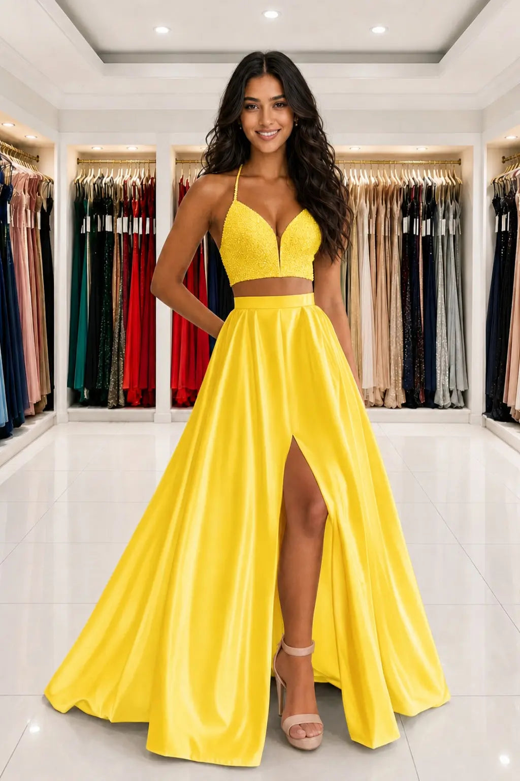 Satin Two Piece Long Modest White Prom Dress Split Formal Evening Gowns Kaidress