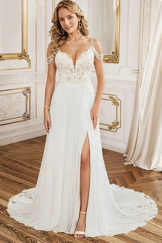 A-Line V-Neck Sweep Train Wedding Dress With Lace Split Front - KAIDRESS