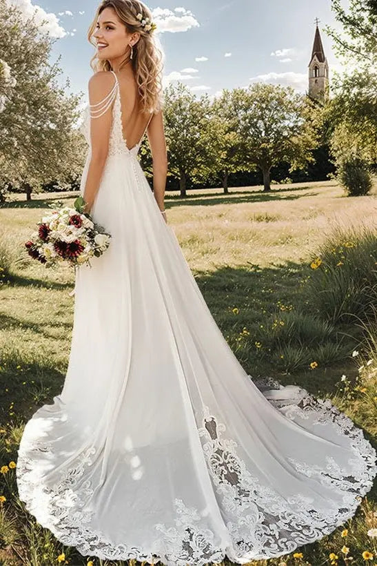 A-Line V-Neck Sweep Train Wedding Dress With Lace Split Front - KAIDRESS