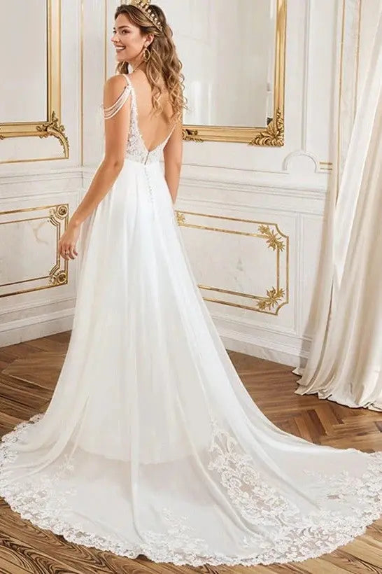 A-Line V-Neck Sweep Train Wedding Dress With Lace Split Front - KAIDRESS