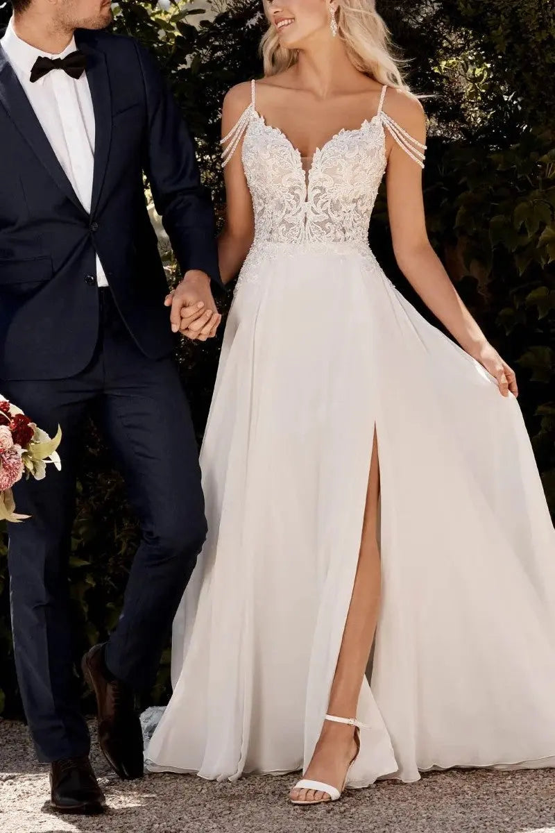 A-Line V-Neck Sweep Train Wedding Dress With Lace Split Front - KAIDRESS