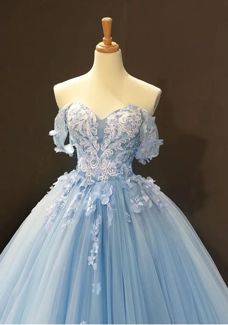 A-Line Off the Shoulder Tulle Applique Long Quinceañera Dresses Blue Formal Prom Dress
