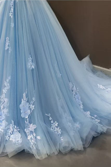 A-Line Off the Shoulder Tulle Applique Long Quinceañera Dresses Blue Formal Prom Dress