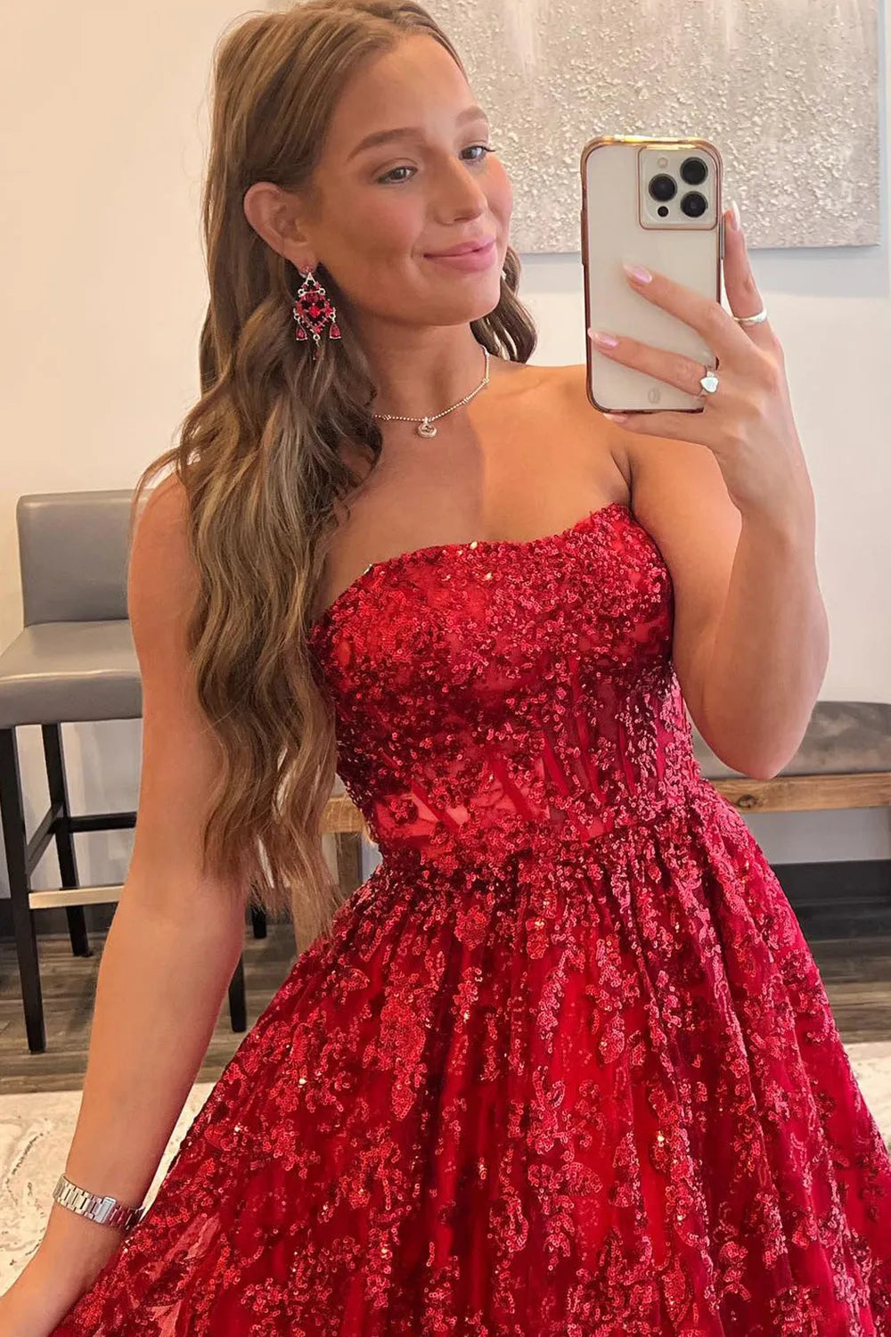 A-line Bateau Strapless Long/Floor-Length Lace Prom Dresses With Pockets Special Occasion Dresses
