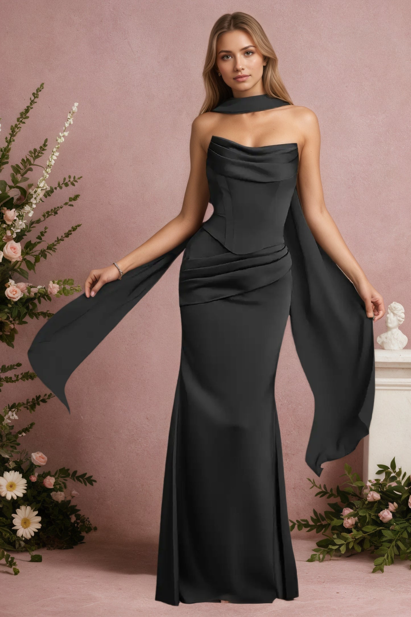Mermaid Black Strapless Satin Long Prom Dresses Corset Evening Dresses