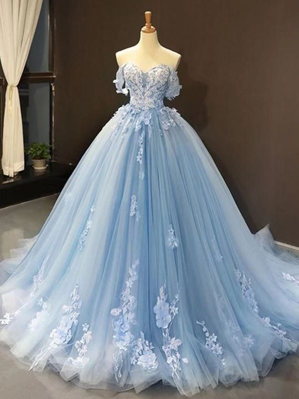 A-Line Off the Shoulder Tulle Applique Long Quinceañera Dresses Blue Formal Prom Dress
