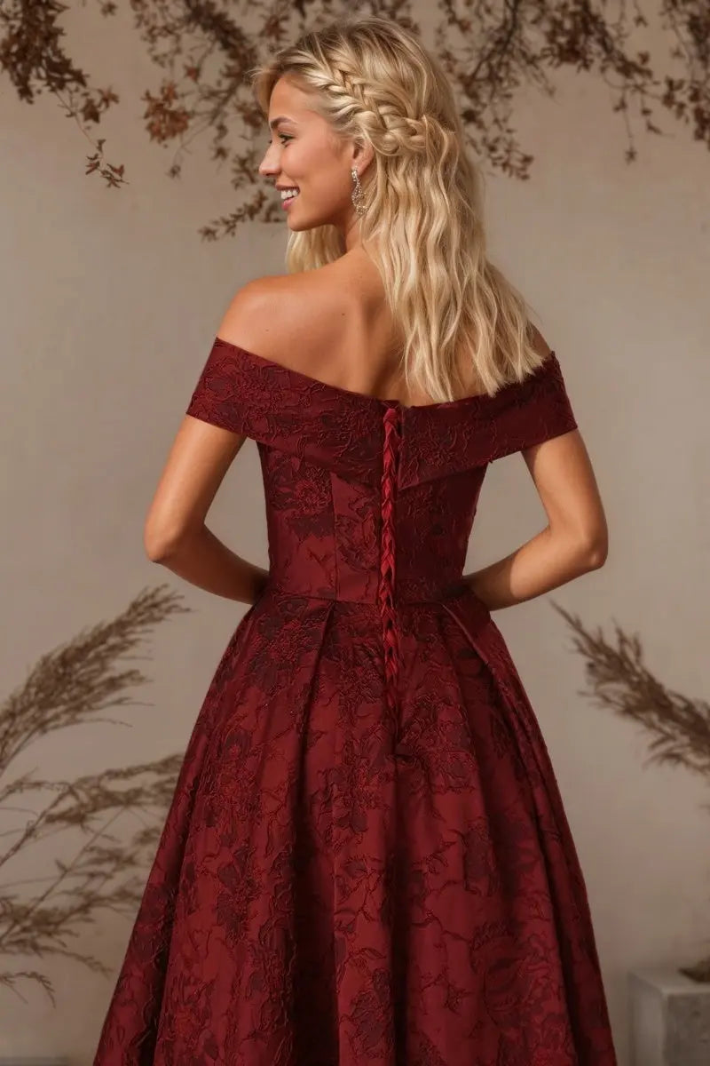 A-Line Off Shoulder Satin Burgundy Long Prom Dress Floral Jacquard Formal Ball Gowns - KAIDRESS