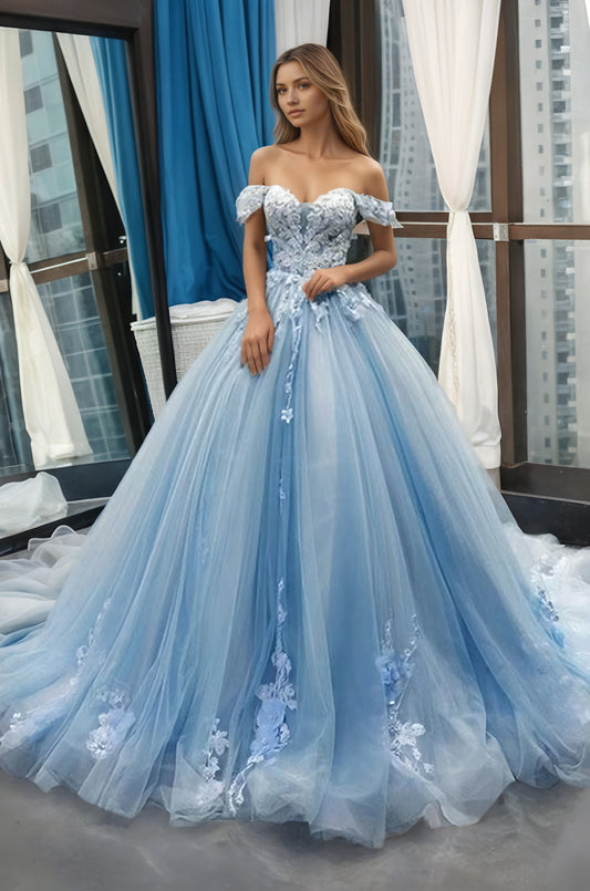 A-Line Off the Shoulder Tulle Applique Long Quinceañera Dresses Blue Formal Prom Dress