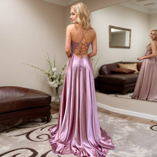 A-line V Neck Sleeveless Charmeuse Sweep Train Prom Dress With Split