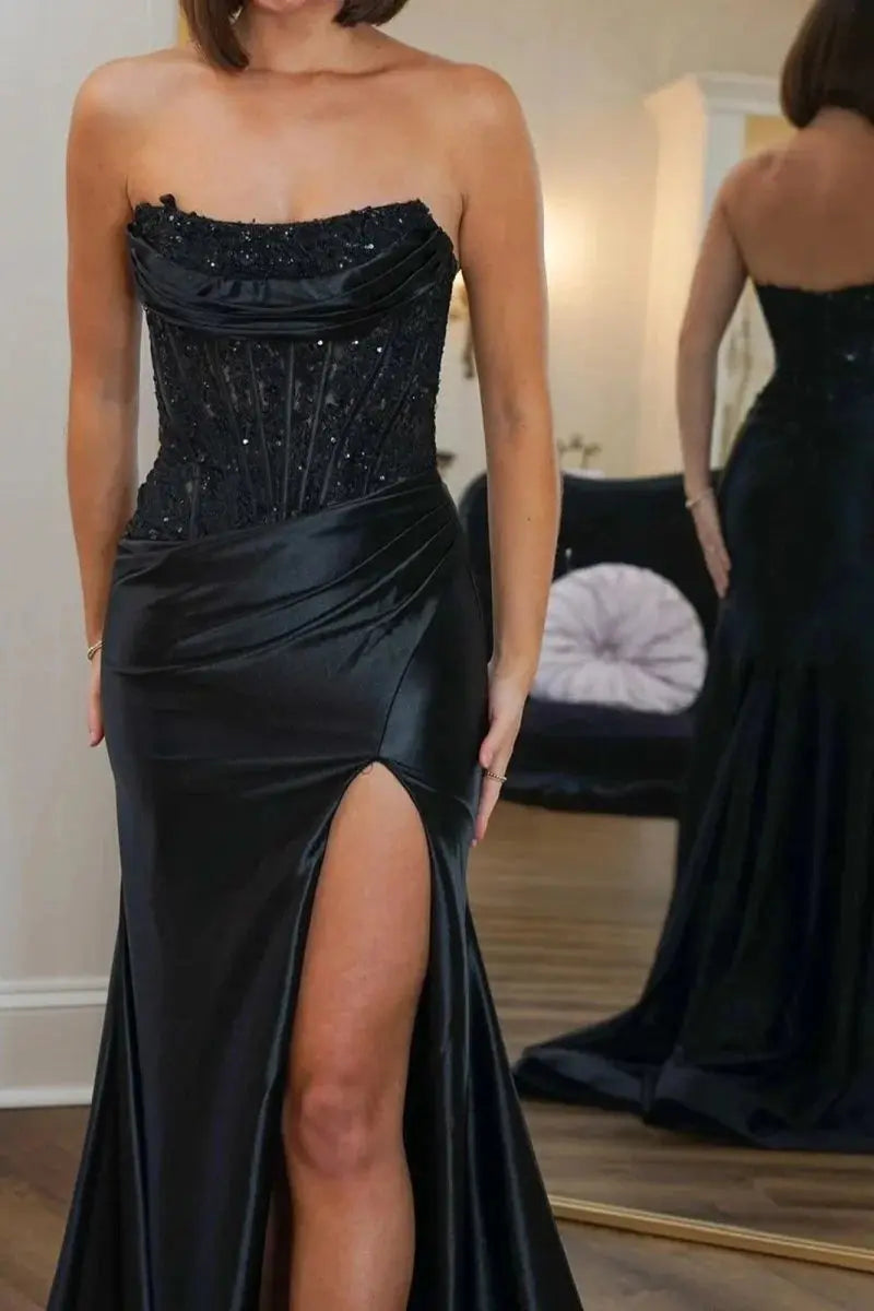 Sheath Fuchsia Beaded Strapless Applique Formal Dress with Slit - KAIDRESS