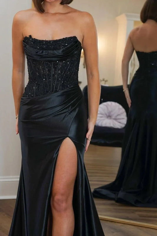 Sheath Fuchsia Beaded Strapless Applique Formal Dress with Slit