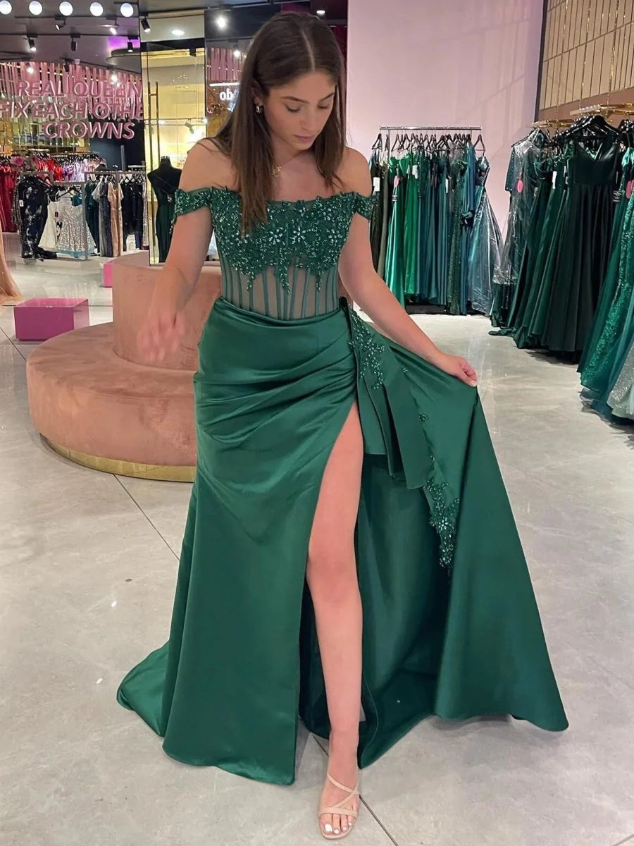 Sheath/Column Off the Shoulder Satin Beaded Prom Dress Burgundy With Appliques Prom Gown